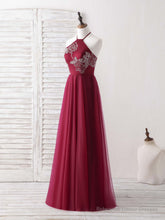 Burgundy Tulle Beads Long Prom Dress Burgundy Evening Dress